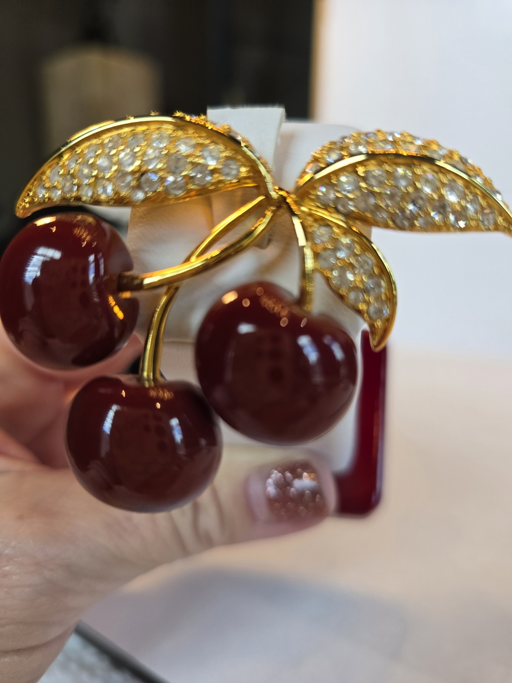 JOAN RIVERS VINTAGE Gold-Tone Cherry Cluster Brooch with Red Enamel Berries